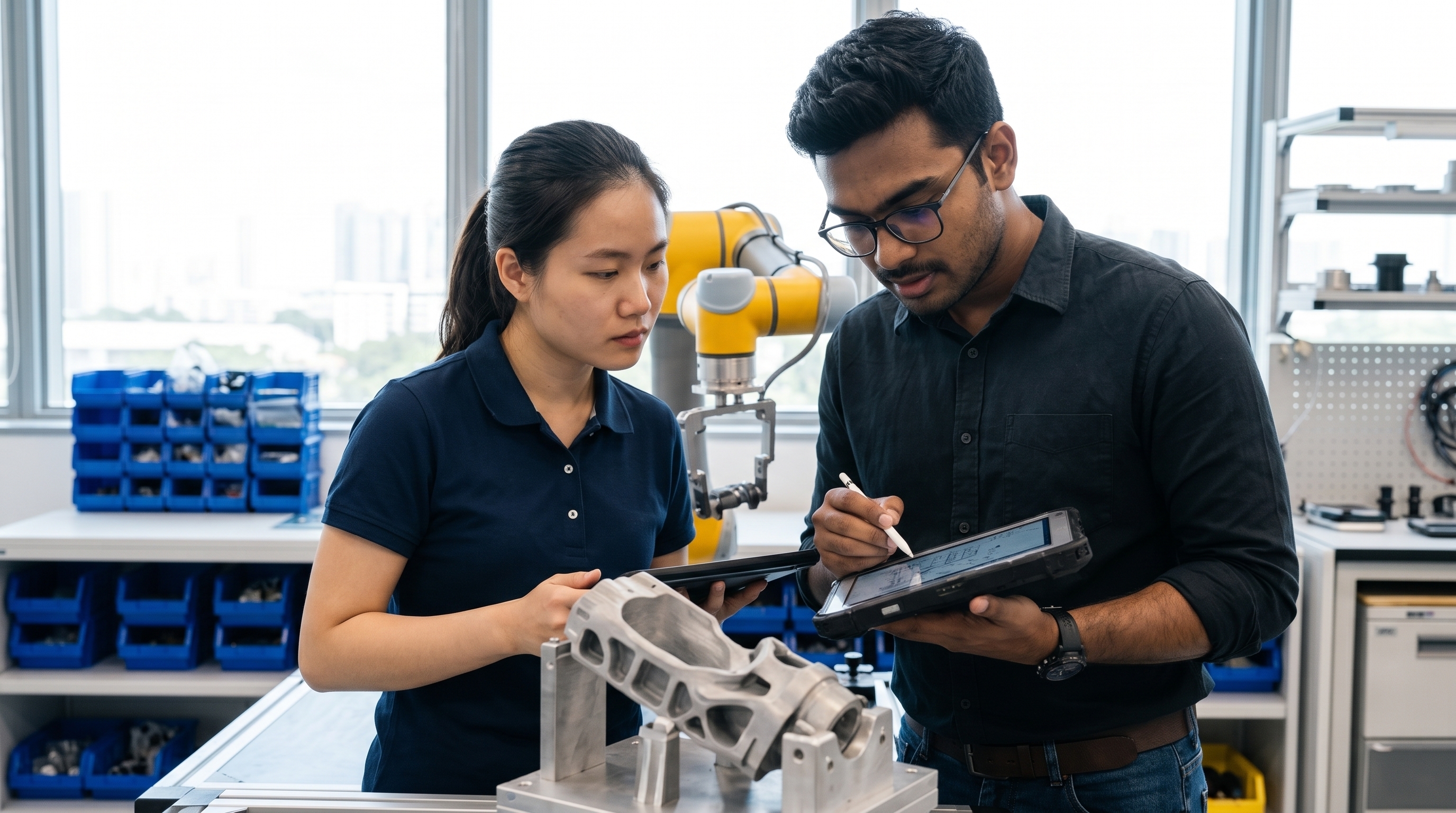 Doctoral researchers working with a collaborative robot arm and an additively manufactured component in the smart manufacturing laboratory
