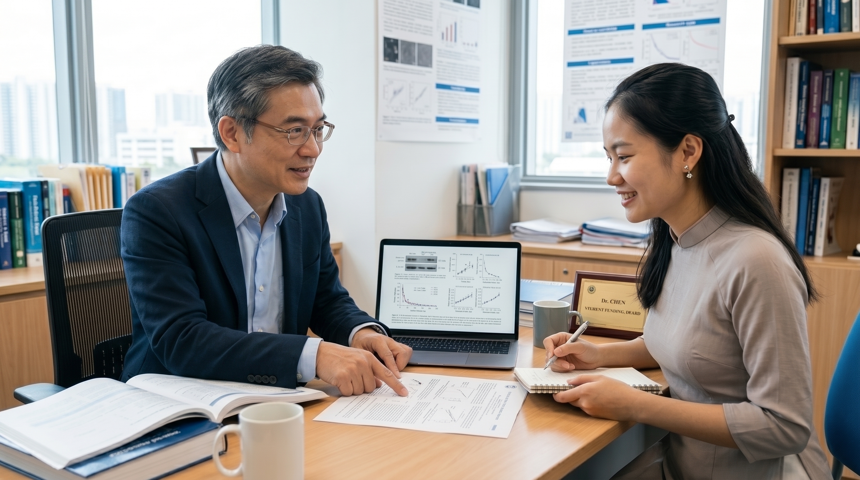A professor and a doctoral student reviewing research results together in a faculty office at the College of Engineering