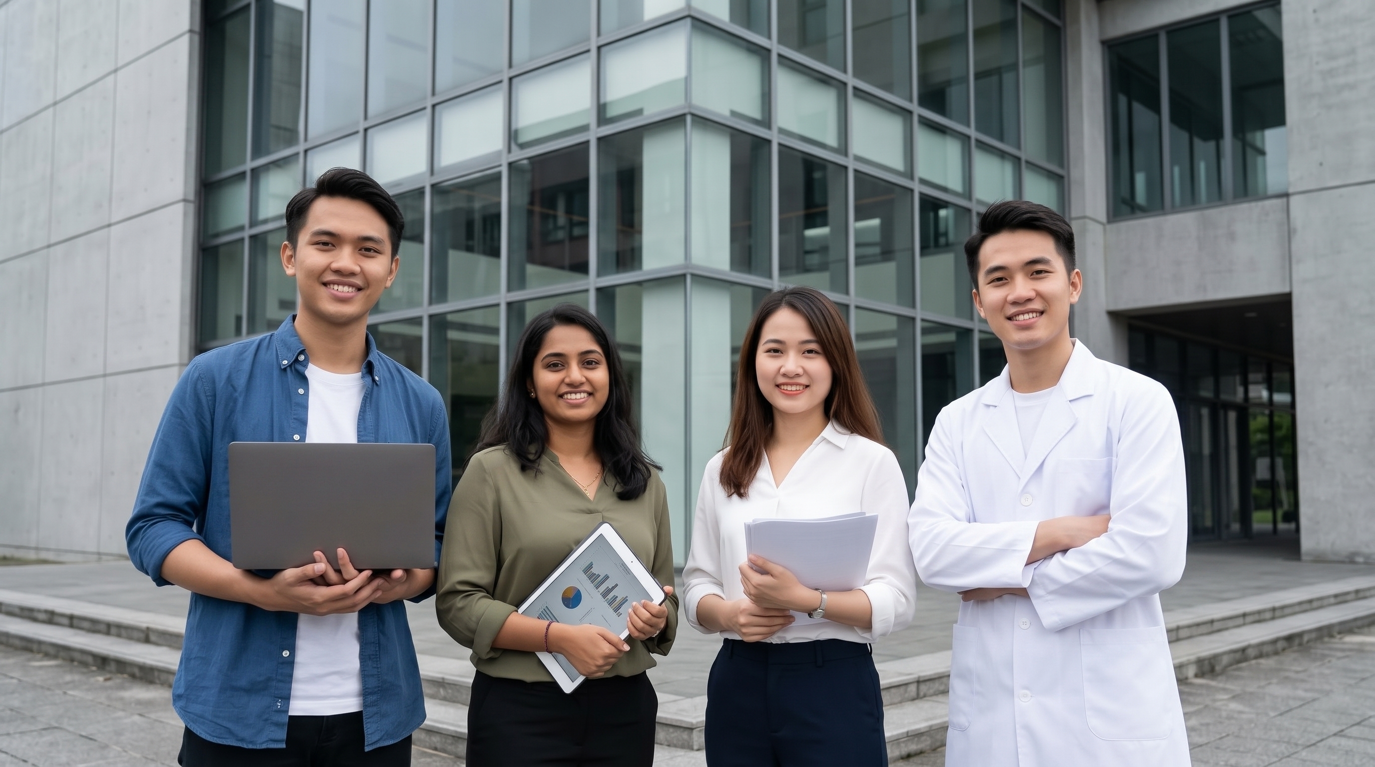 International and Taiwanese doctoral students standing together outside the College of Engineering building at National Ilan University